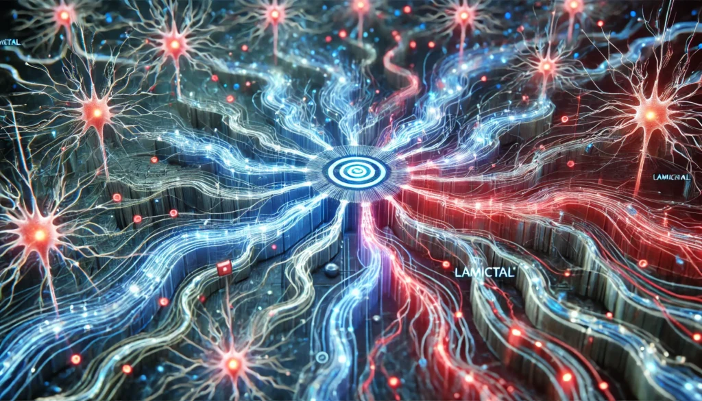 A futuristic depiction of neural synapses influenced by Lamictal, with vibrant blue and red electrical signals. Some pathways appear enhanced, while others fade, symbolizing the medication's impact on memory and cognition.