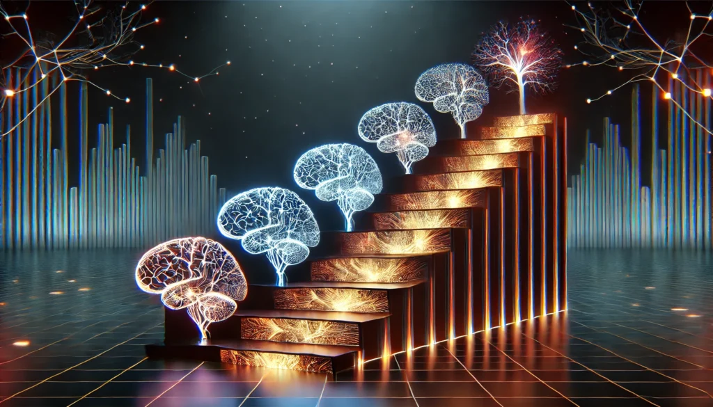 An abstract visualization of cognitive impairment levels—A staircase made of glowing neural pathways, each step representing a different stage of cognitive function. The upper steps are bright and intact, while the lower ones fade and fragment, illustrating gradual mental decline.