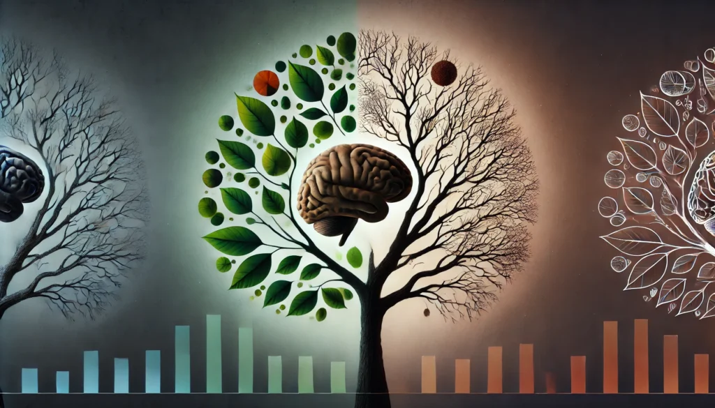 A symbolic illustration of cognitive impairment—A tree with branches representing cognitive function, where some sections are full of leaves and others are withered and sparse. The background transitions from light to dark, depicting the decline from mild to severe impairment.