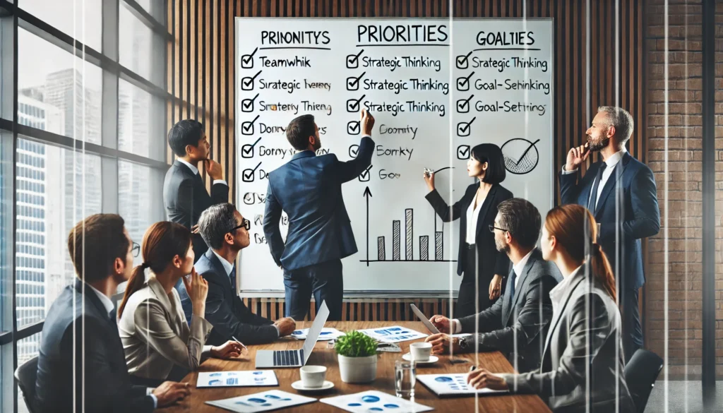 Diverse group of professionals collaborating in a business meeting to create a list of priorities on a whiteboard, showcasing teamwork, strategic thinking, and goal-setting