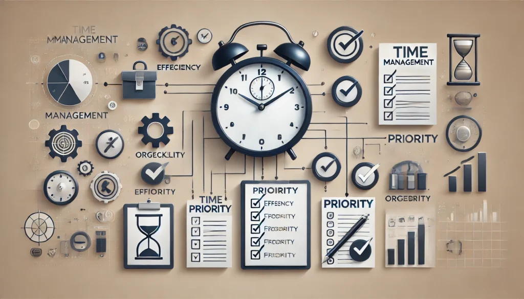 Visual representation of time management featuring a clock, checklist, and priority icons, symbolizing efficiency, organization, and the importance of managing a list of priorities effectively