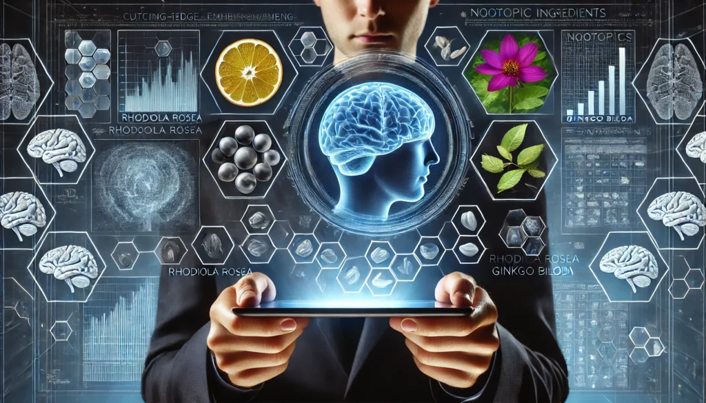 Person in a futuristic lab holding a sleek tablet, surrounded by holographic screens displaying brain activity and natural nootropic ingredients like Rhodiola Rosea and Ginkgo biloba, emphasizing cognitive enhancement technology.