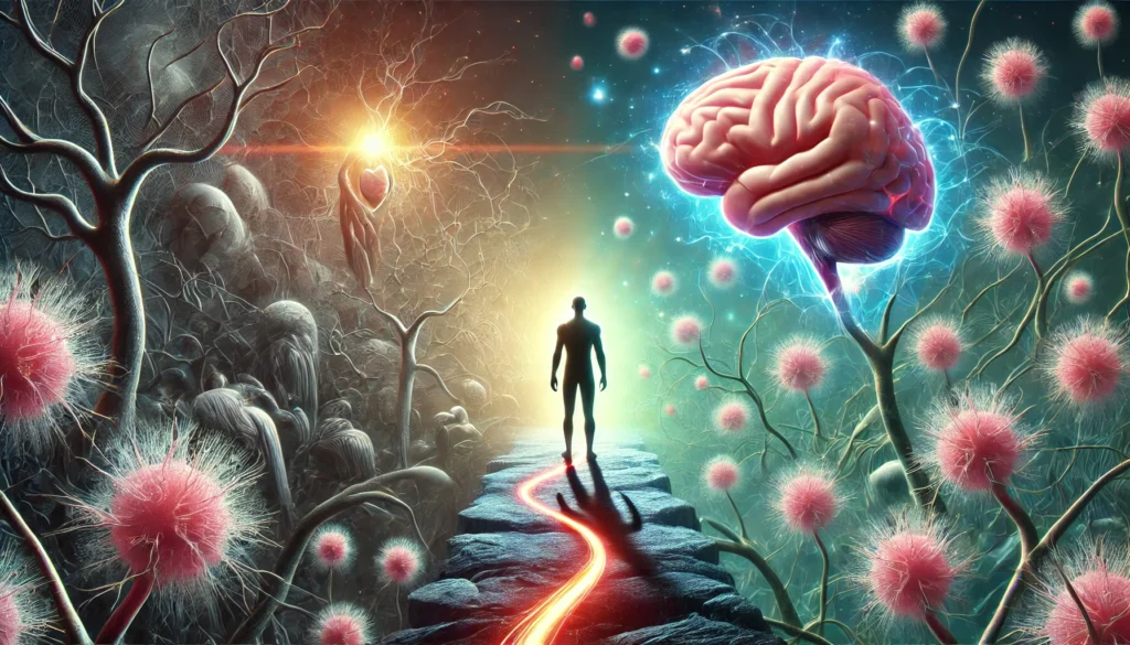 A surreal depiction of Lisinopril’s effects on cognitive function, showing a human figure standing in a landscape of floating neurons. A glowing pathway connects the heart and brain, with one side dark and fragmented while the other is well-lit and structured, symbolizing improved circulation and mental clarity.