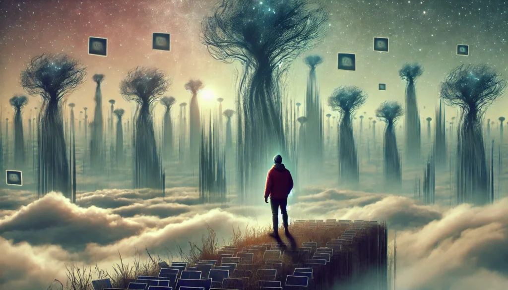 A surreal image of a person standing in a vast, foggy landscape with fading silhouettes of memories in the background. The dreamlike scene symbolizes the scientific concept of memory loss and fading recollections over time.