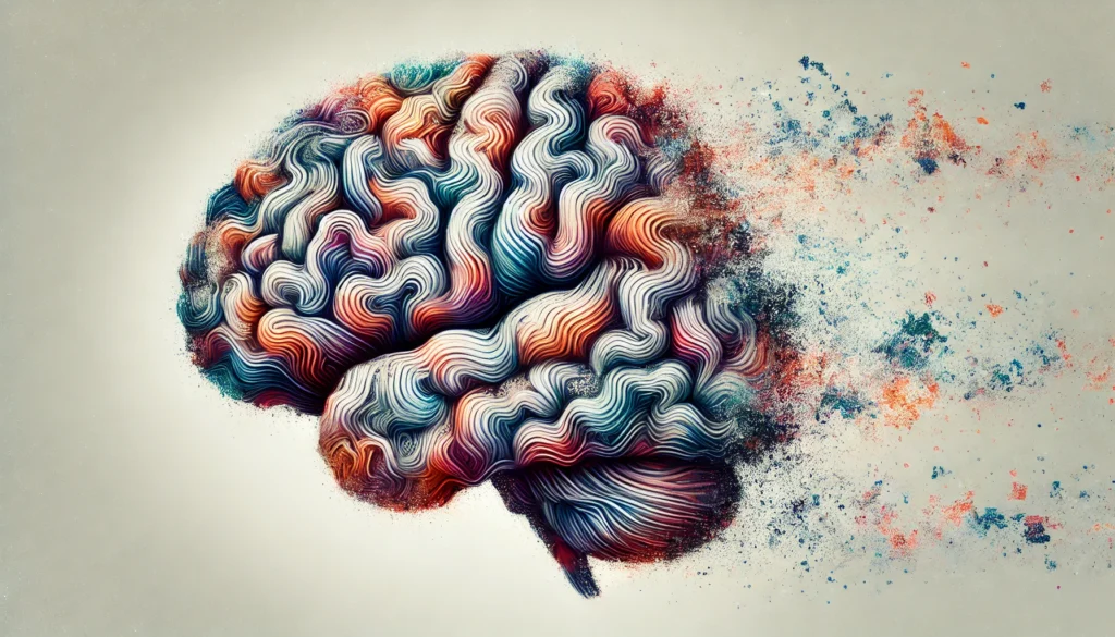 An abstract depiction of a brain with sections appearing blurred and fragmented, illustrating the gradual loss of memory. The design is artistic and symbolic, with fading colors and dissolving structures representing cognitive decline.