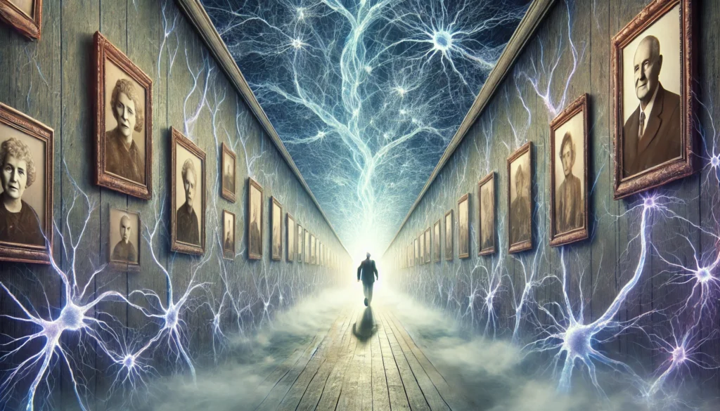 A surreal portrayal of the link between Lunesta and dementia. A person walks through a fading corridor lined with dissolving photographs, symbolizing vanishing memories. The corridor walls resemble neurons flickering and dimming, representing cognitive decline.