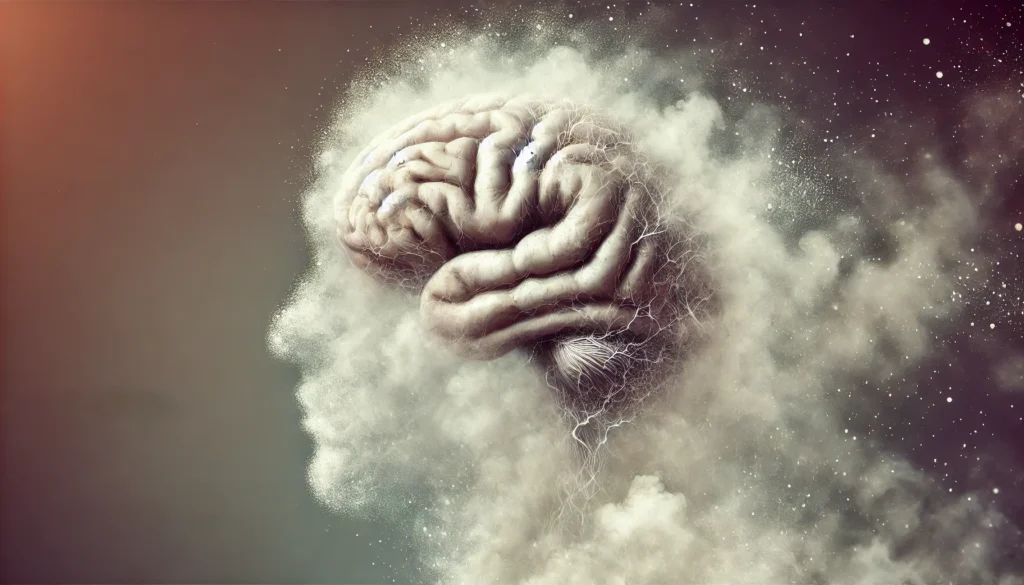 An artistic depiction of a brain dissolving into mist, symbolizing potential memory loss associated with Lyrica. The fading brain structures represent cognitive side effects, with neurons gradually disappearing into a soft, abstract haze.