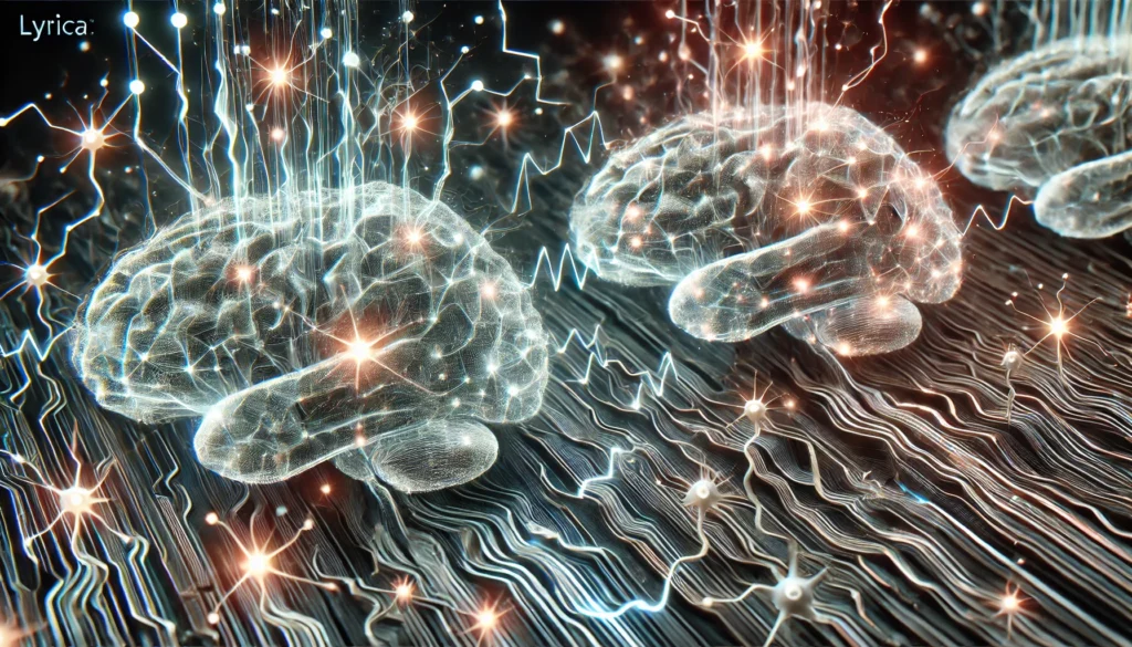 A futuristic scientific representation of neural connections being altered by Lyrica, with glowing pathways that flicker between bright and dim states. The contrast of active and fading neurons visually depicts the medication’s potential effects on cognitive function and memory.