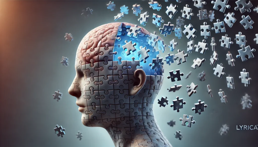 A surreal visualization of a human head with puzzle pieces missing from the brain, symbolizing memory disruption linked to Lyrica use. The scattered pieces floating away represent cognitive changes and potential forgetfulness associated with the medication.