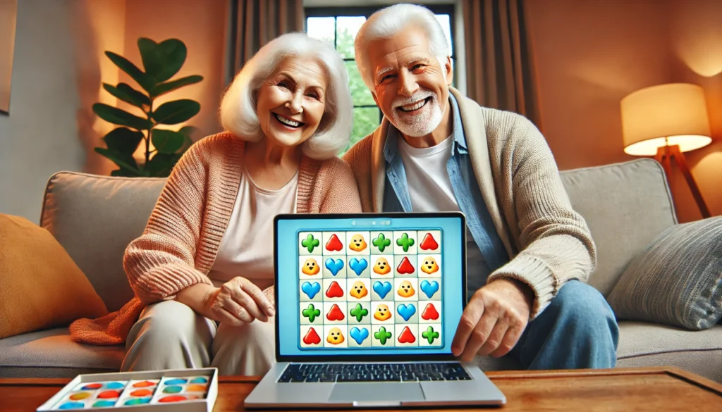 An elderly couple smiling while playing an online matching game on a laptop in a cozy living room with a comfortable sofa and potted plant, showcasing matching games online.