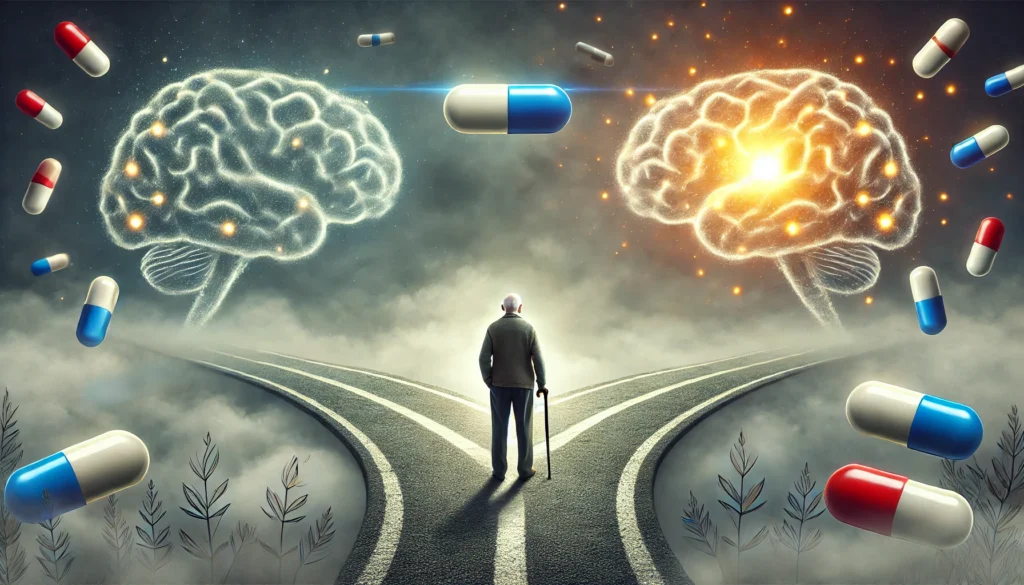 A symbolic illustration of medication awareness for seniors, depicting an elderly person standing at a crossroads. One path leads to a foggy, disoriented mind, while the other leads to a bright, clear brain. Glowing medication capsules float along the clear path, symbolizing the importance of proper prescription management for cognitive health.