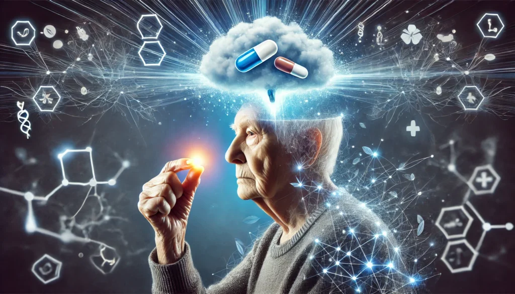 An artistic representation of medication management for seniors, featuring an elderly person holding a glowing pill in one hand while a cloud of confusion dissolves from their head. Floating medical symbols and neural connections surround them, illustrating the balance between medication and cognitive health.