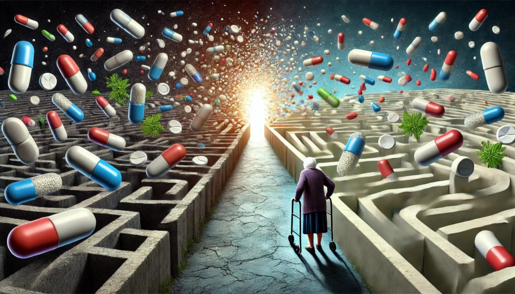 A surreal depiction of confusion and medication awareness in seniors, showing an elderly person navigating a maze-like pathway made of floating pills. They move from a dark, tangled section to a bright, structured exit, representing the transition from medication mismanagement to clarity and well-being.