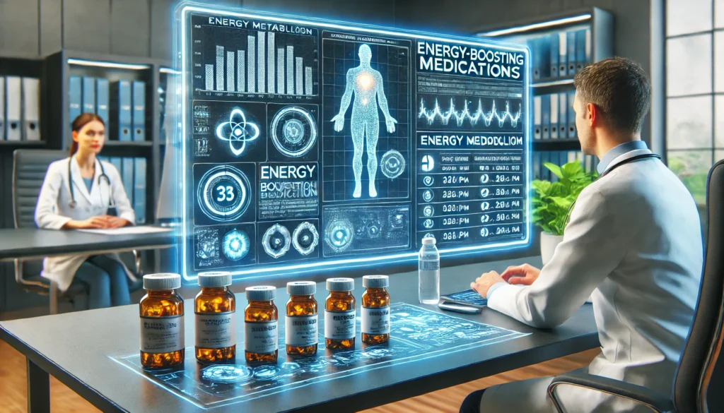 Futuristic health clinic with a doctor consulting a patient on energy-boosting medications, featuring prescription bottles, advanced diagnostic tools, and a digital screen displaying energy metabolism data.