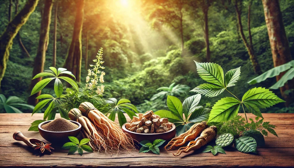 Serene natural setting showcasing energy-boosting herbs like ginseng roots, ashwagandha, and coca leaves on a wooden table with sunlight and greenery in the background.