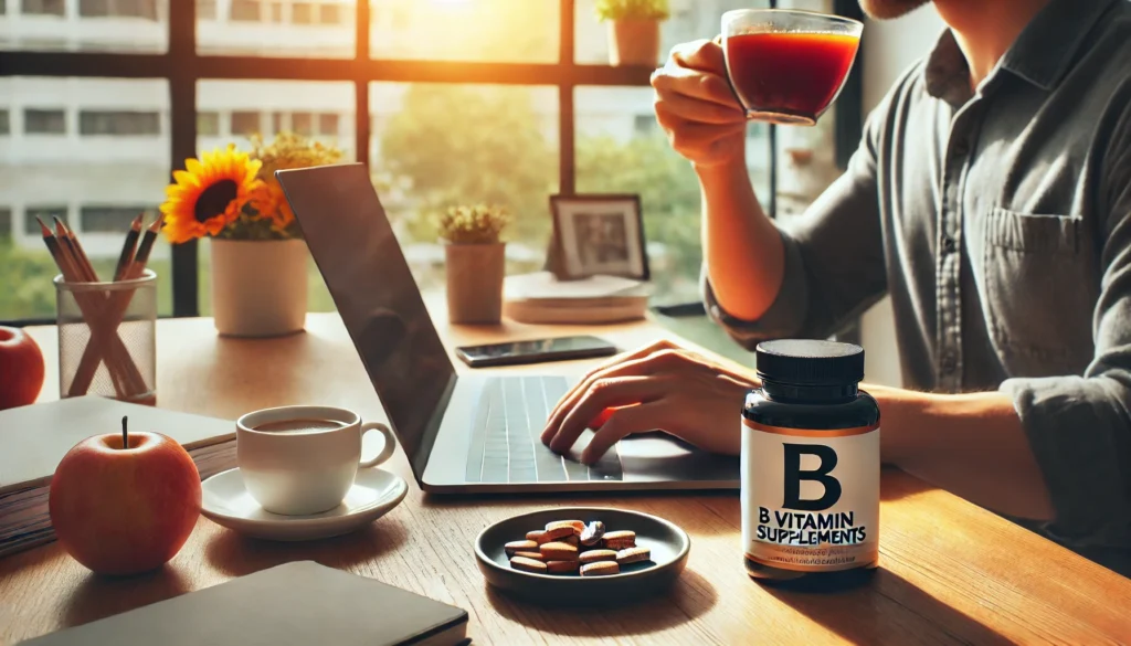 Modern workspace with a person sipping coffee, a bottle of B vitamin supplements, and caffeine pills on the desk, emphasizing focus and energy for productivity.