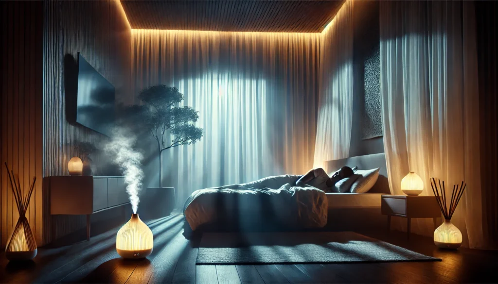 A tranquil bedroom at night with a person peacefully sleeping, illuminated by soft ambient lighting. A gentle breeze moves the sheer curtains, and a diffuser emits a calming mist. This serene setting illustrates how to quiet your mind for a restful night’s sleep.