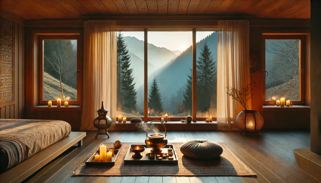 A peaceful indoor meditation retreat, with dim candlelight, an incense burner, and a meditation cushion in a cozy room overlooking a tranquil mountain landscape.