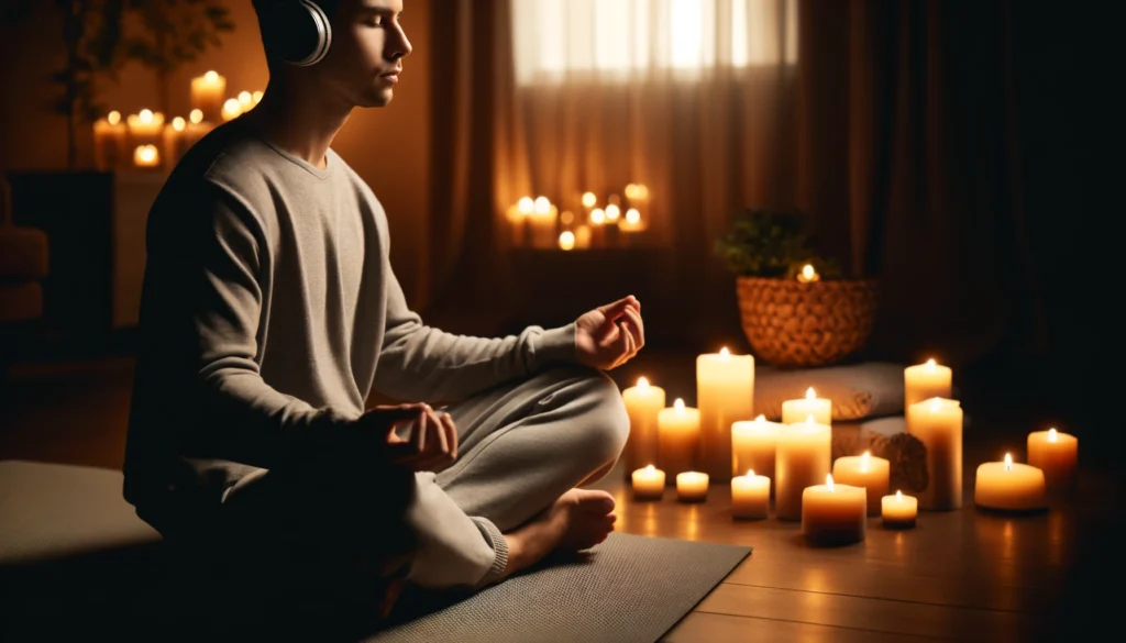 A person practicing guided meditation indoors in a cozy, dimly lit room with soft candlelight, seated comfortably on a cushion, listening to a guided meditation session through headphones, appearing deeply relaxed.