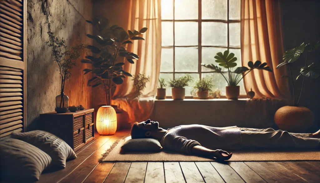 A tranquil scene of a person practicing body scan meditation lying down on a soft mat in a quiet, serene indoor space with warm ambient lighting, a gentle breeze from an open window, and a sense of deep relaxation.