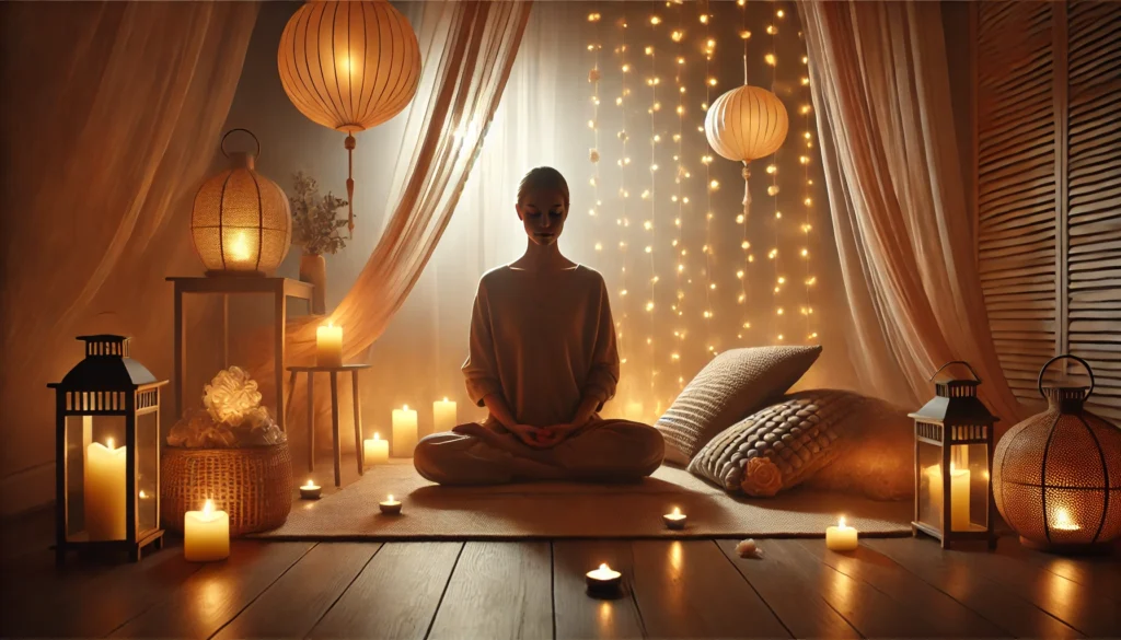 A tranquil indoor meditation space with a person sitting cross-legged on a cushion, bathed in soft candlelight and gentle ambient lighting, fostering peace and mindfulness.