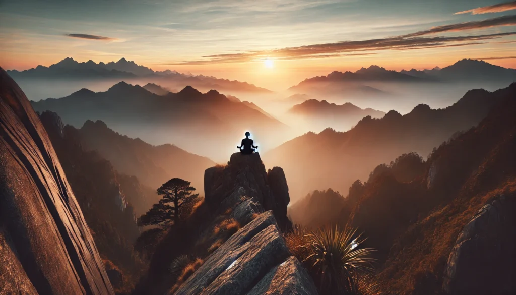 A breathtaking mountain landscape at sunrise with a person meditating on a cliff edge, overlooking misty valleys and vast peaks, symbolizing solitude and deep contemplation.