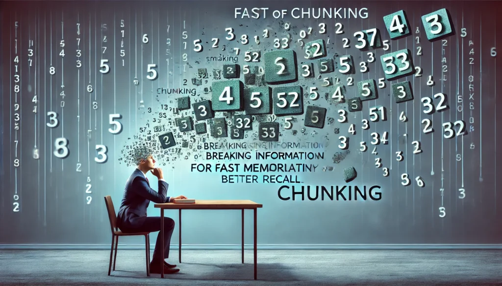 A creative conceptual image showing a person mentally organizing floating numbers and words into structured groups. This illustrates the chunking method, an effective way to memorize something fast in 5 minutes