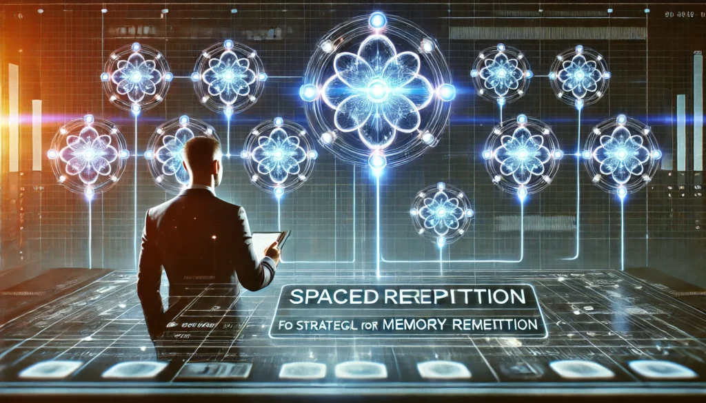 A futuristic digital concept of a person interacting with a holographic interface, where memory nodes light up at different intervals. This visually represents spaced repetition, a key technique to memorize something fast in 5 minutes