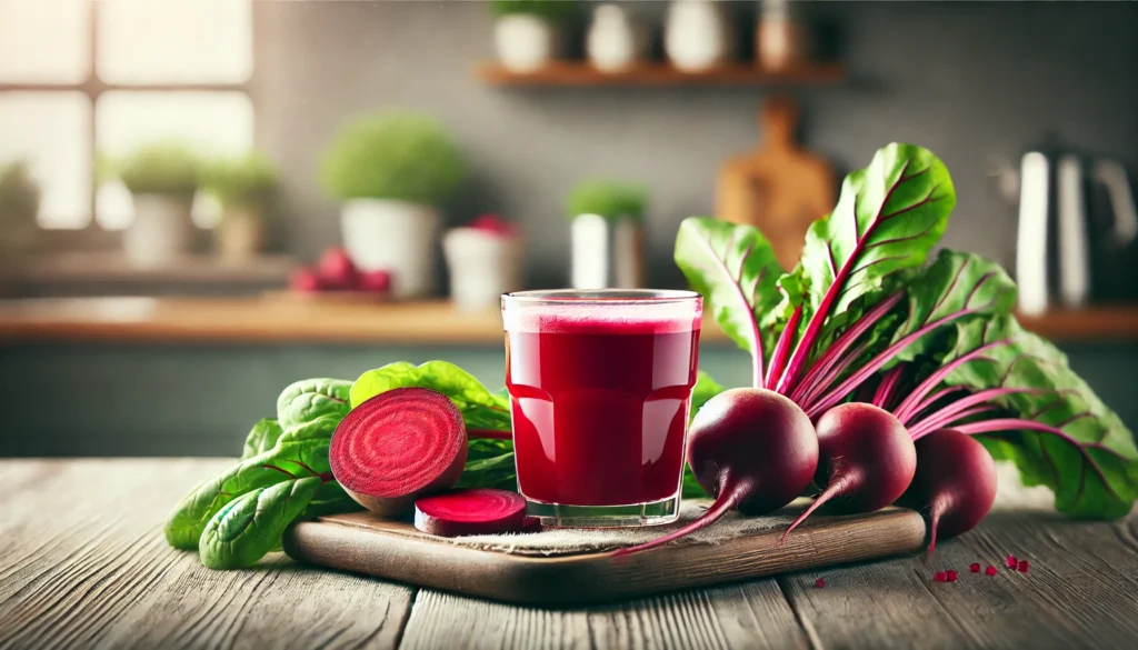 Glass of beetroot juice with fresh beetroot and greens, showcasing its benefits for brain health.