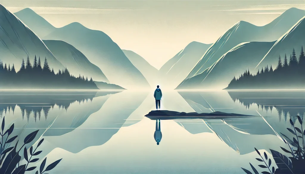 A tranquil lakeside scene with a person standing at the edge, gazing into the reflective water, surrounded by misty mountains. The atmosphere evokes calm introspection and quiet reflection