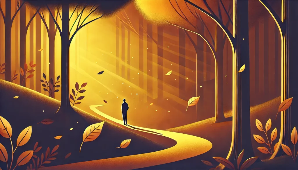 A thoughtful individual walking alone along a winding path in a golden autumn forest, with falling leaves and warm sunlight symbolizing hope amidst introspection