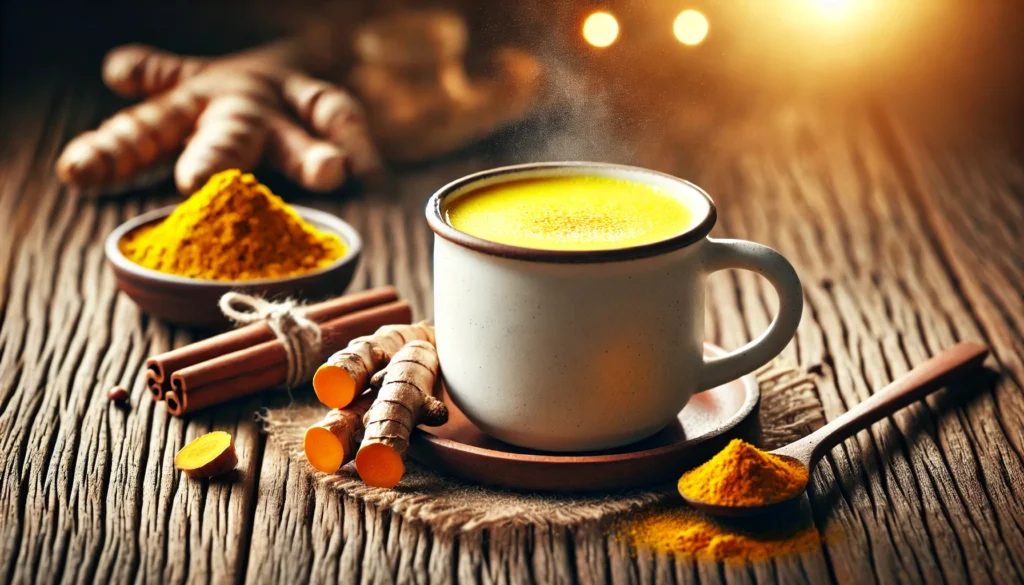 Steaming cup of golden turmeric milk on a rustic table with turmeric roots and cinnamon, emphasizing its brain health benefits