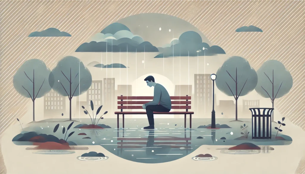 A serene park scene on a cloudy, rainy day, featuring a person sitting on a bench, looking downward in quiet contemplation, with puddles reflecting the gray sky