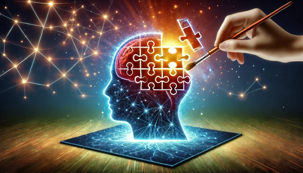 A symbolic image of a glowing puzzle being assembled inside a human brain, representing daily techniques for memory enhancement. The vibrant scene shows connections forming between neural pathways, illustrating cognitive growth and mental sharpness.