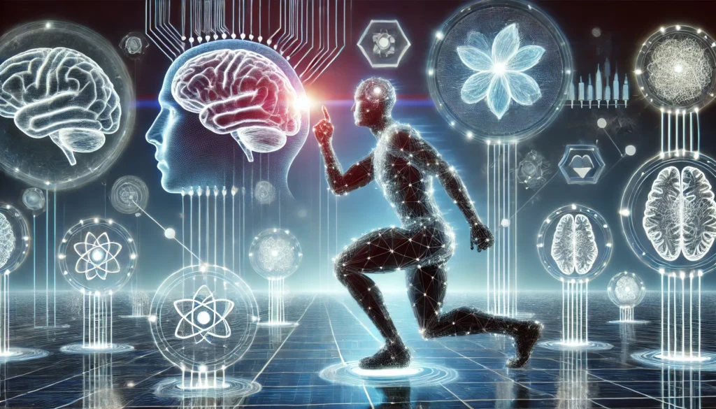 A futuristic representation of a person engaging in brain training exercises, surrounded by digital neural pathways and memory enhancement techniques. The image symbolizes cognitive growth through daily mental stimulation and mindfulness.