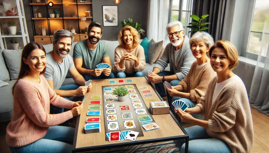 A group of adults playing a classic card-based memory improvement game in a modern living room, with colorful cards on the table and a relaxed, cozy atmosphere, highlighting memory improvement games for adults.