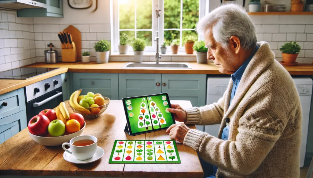 An elderly adult playing a memory improvement game on a tablet in a bright kitchen, with colorful matching pairs displayed on the screen, and a cheerful environment featuring natural light, a fruit bowl, and a cup of tea, showcasing memory improvement games for adults.