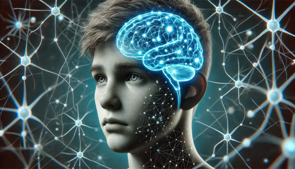 A medical-style depiction of a teenage brain affected by lack of sleep and stress, with neural connections appearing weak. The image uses glowing blue and dim gray synapses to represent the effects of poor sleep, anxiety, and digital distractions on memory function.