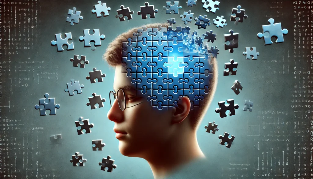 A symbolic image of a teenage head with puzzle pieces missing from the brain, representing memory struggles. The floating pieces signify cognitive issues due to academic pressure, emotional stress, and technology overuse.