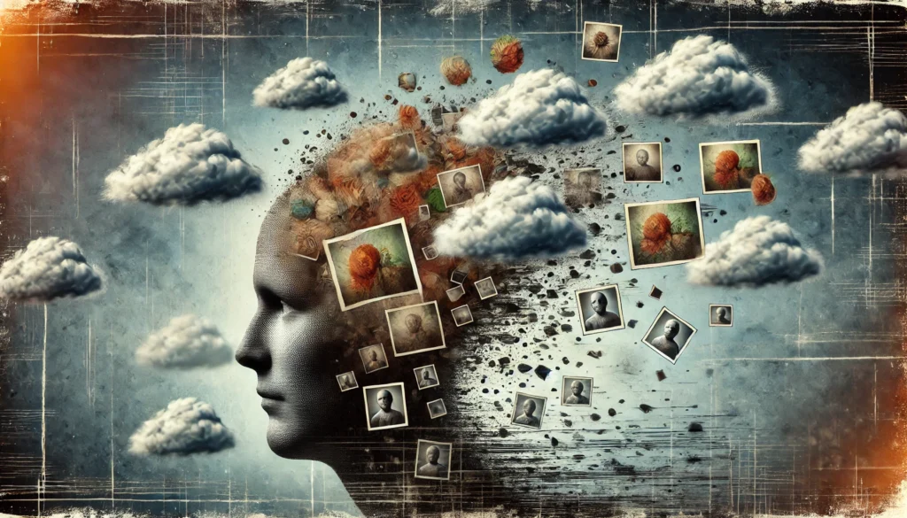 An artistic representation of memory disorder symptoms, illustrating a human head with thought bubbles floating away, each containing faded, distorted images of past events. The background has a cloudy, fragmented texture, symbolizing confusion and difficulty in recalling memories.