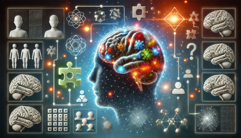 A symbolic image of a human brain surrounded by floating memory puzzles and cognitive assessment tools. The glowing neural connections and abstract thought bubbles represent various types of memory tests and evaluations.