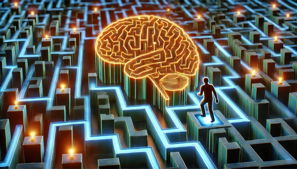 A conceptual artistic representation of a person navigating through a maze inside a brain, symbolizing the complexity of memory tests. The glowing pathways and cognitive challenges reflect different stages of memory assessment.