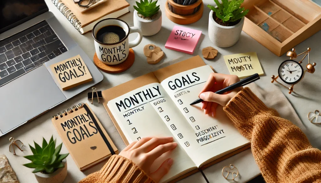 A person writing monthly goals in a notebook at a cozy desk setup, featuring motivational elements such as a cup of coffee, sticky notes, and a decorative plant, emphasizing planning and organization for productivity