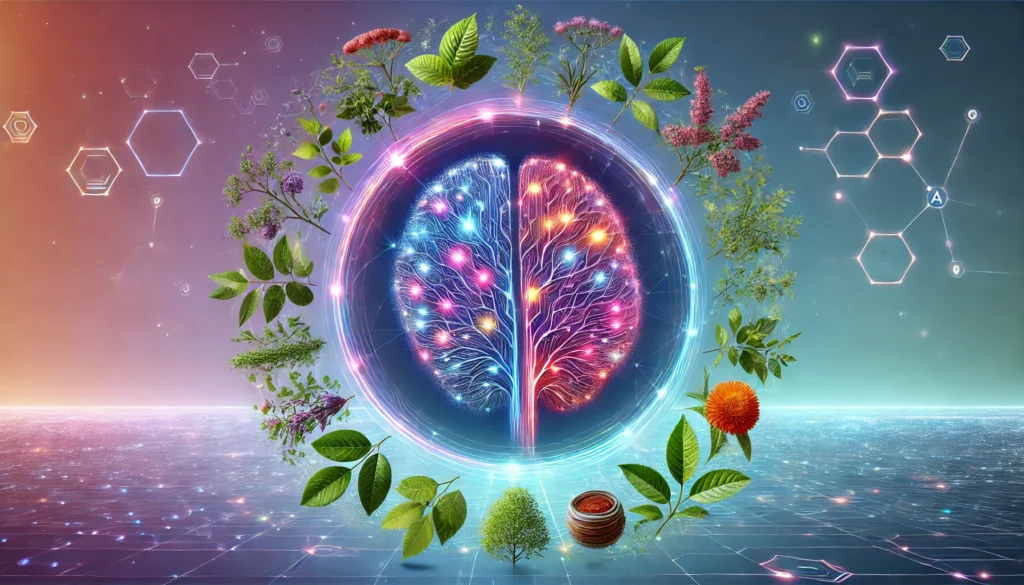 A futuristic concept of the human brain illuminated with vibrant neural pathways, surrounded by natural elements like tea leaves and adaptogenic plants, symbolizing the balance between technology and nature