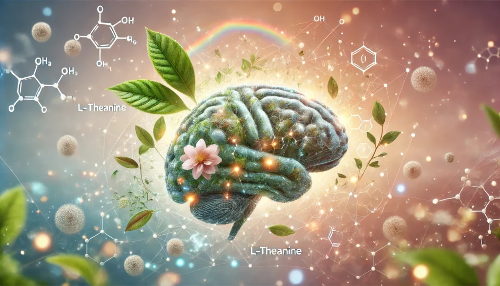 A harmonious depiction of the brain and its connection to nature, featuring tea leaves, L-Theanine molecules, and glowing pathways on a pastel-toned background symbolizing relaxation and focus.