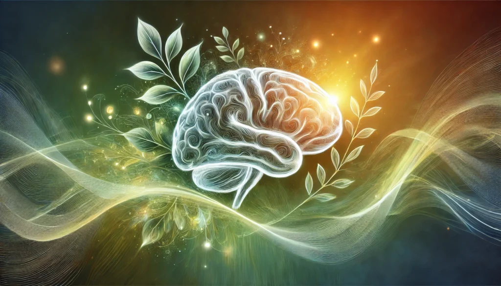 An artistic representation of cognitive enhancement, featuring a glowing brain with abstract waves of light merging into natural elements like herbs and leaves, against a green and golden backdrop symbolizing energy and wellness