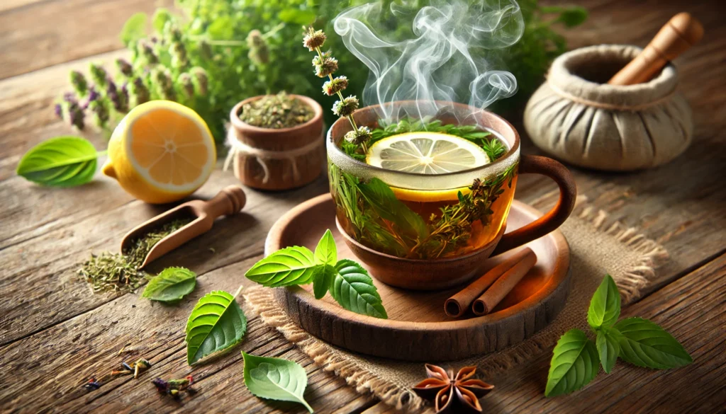 A steaming cup of herbal tea infused with mood-boosting herbs like lemon balm, holy basil, and valerian root, placed on a cozy wooden table. The rising steam represents relaxation and a sense of well-being.