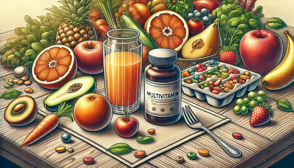 A close-up of a breakfast table featuring a multivitamin bottle, fresh fruits, vegetables, and a glass of orange juice, representing the integration of supplements with a nutritious diet