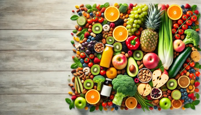 An assortment of vibrant fresh fruits, vegetables, and nuts on a light wooden table, symbolizing natural sources of nutrients and the concept of multivitamin effectiveness.