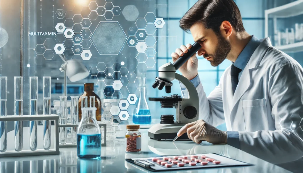 A scientist in a modern laboratory examining a multivitamin capsule under a microscope, with various lab equipment and pill bottles in the background, highlighting research on multivitamin effectiveness.